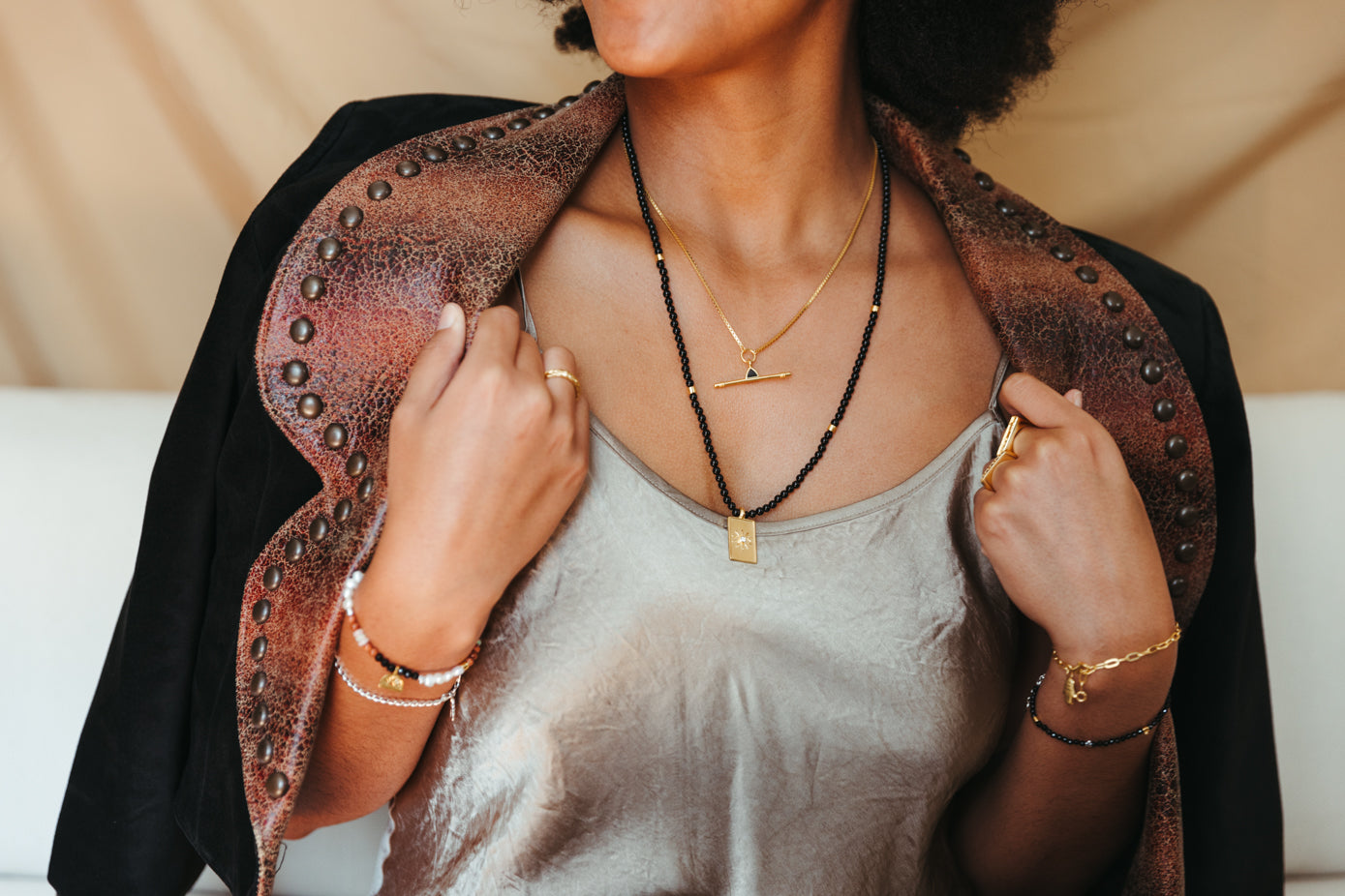 black agate and gold vermeil long beaded Cheyenne Necklace