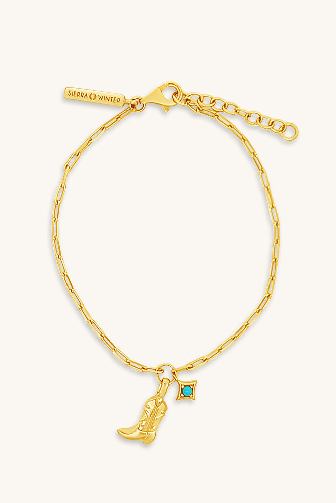 gold cowboy boot charm boot scootin bracelet sierra winter