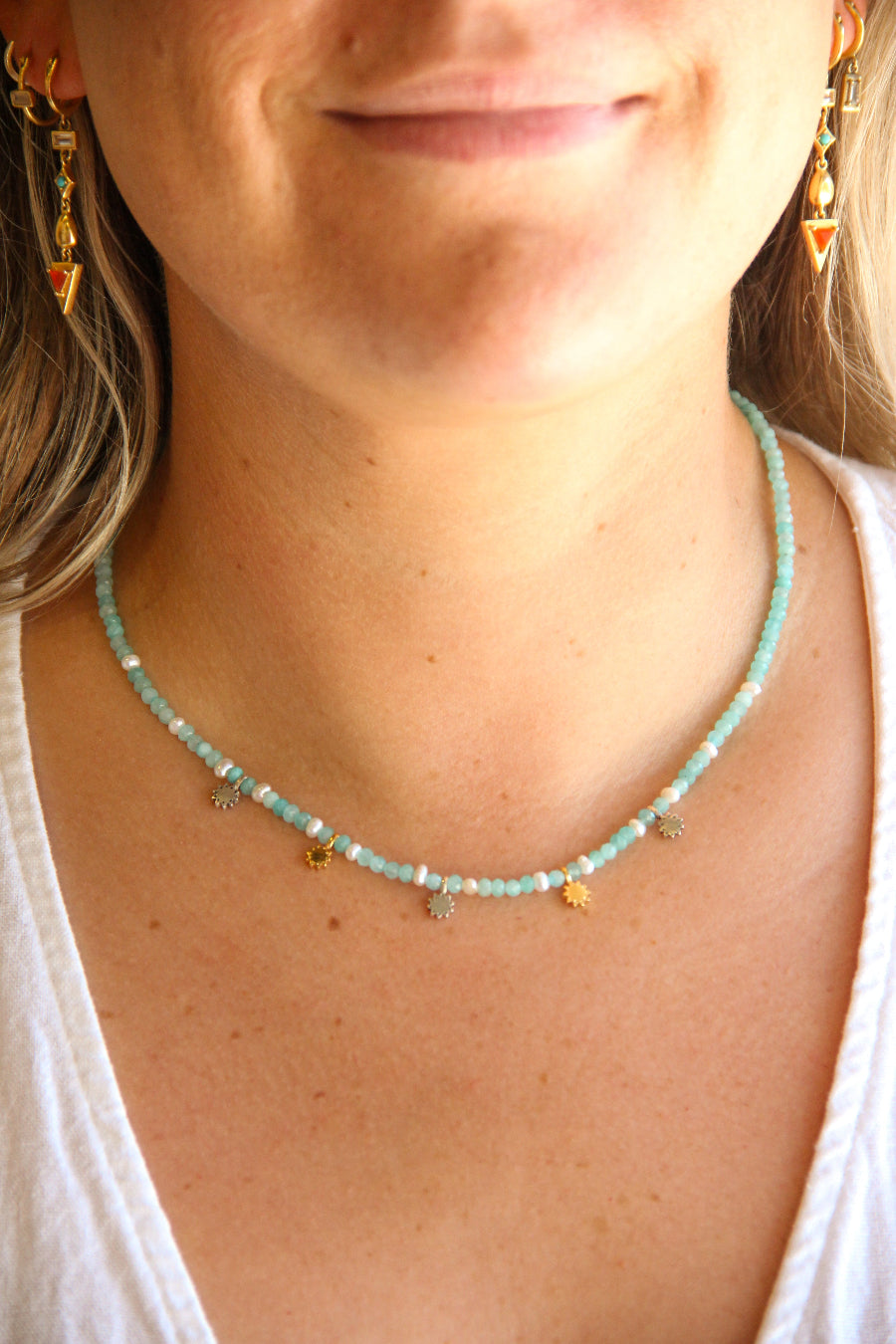 handmade teal beaded necklace with silver and gold and pearl accents sierra winter