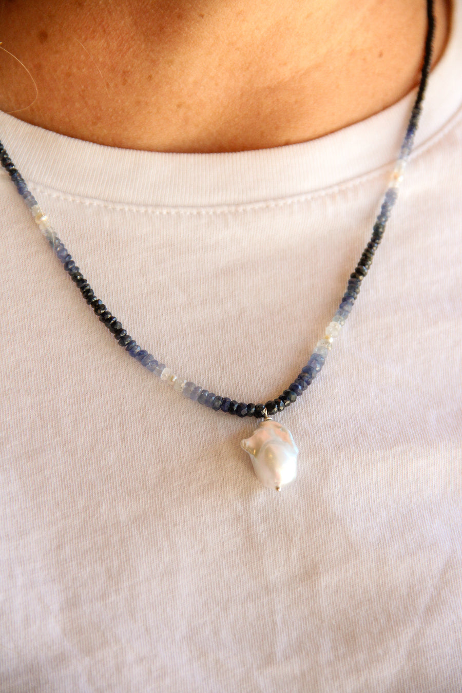 handmade beaded blue sapphire and baroque pearl necklace sierra winter