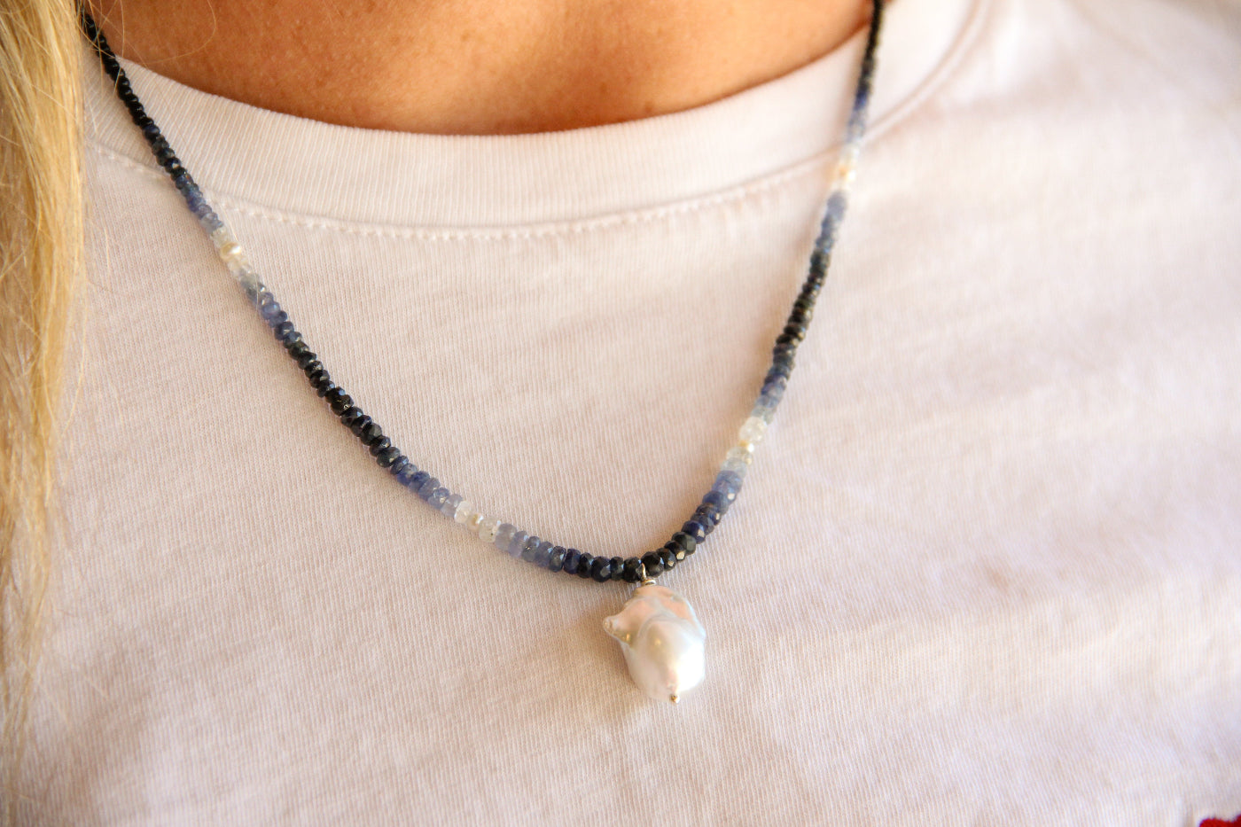 handmade beaded blue sapphire and baroque pearl necklace sierra winter