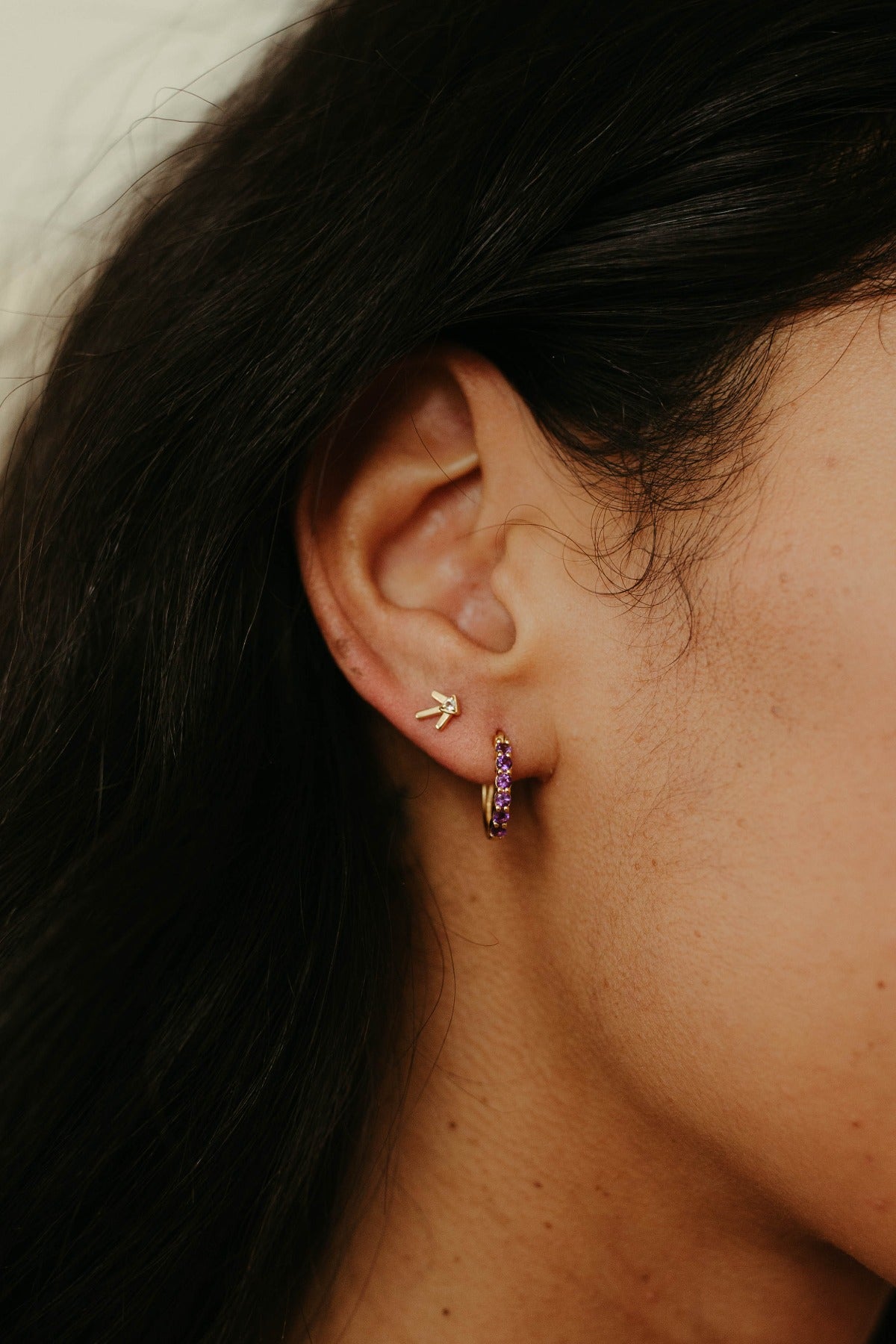 karma huggie hoop earrings gold vermeil and amethyst