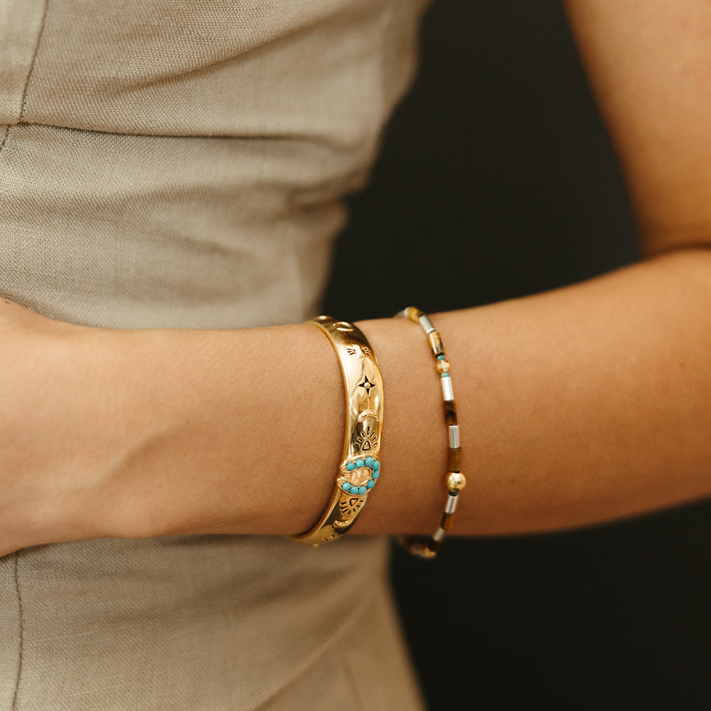 gold vermeil and turquoise horseshoe lucky stars western 
thick cuff bracelet