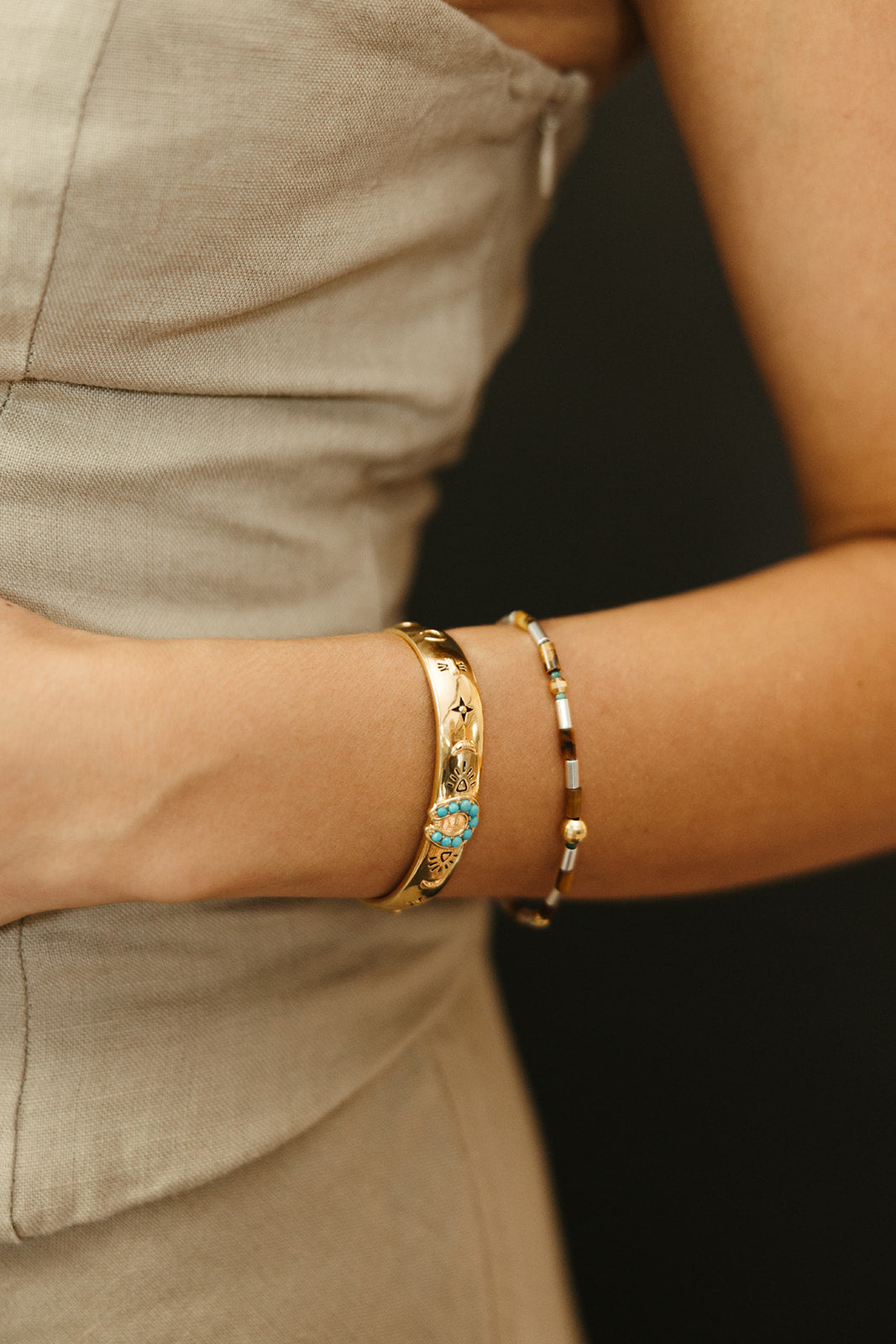 gold vermeil and turquoise horseshoe lucky stars western 
thick cuff bracelet