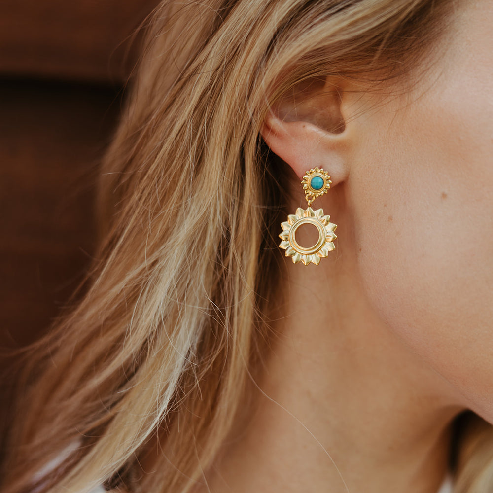 
                      
                        gold vermeil and turquoise sunflower inspired wildflower drop earrings
                      
                    