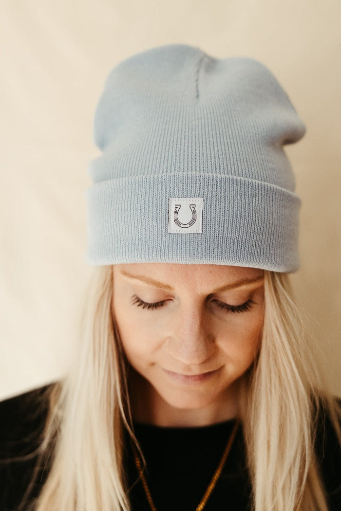 light blue horseshoe beanie sierra winter