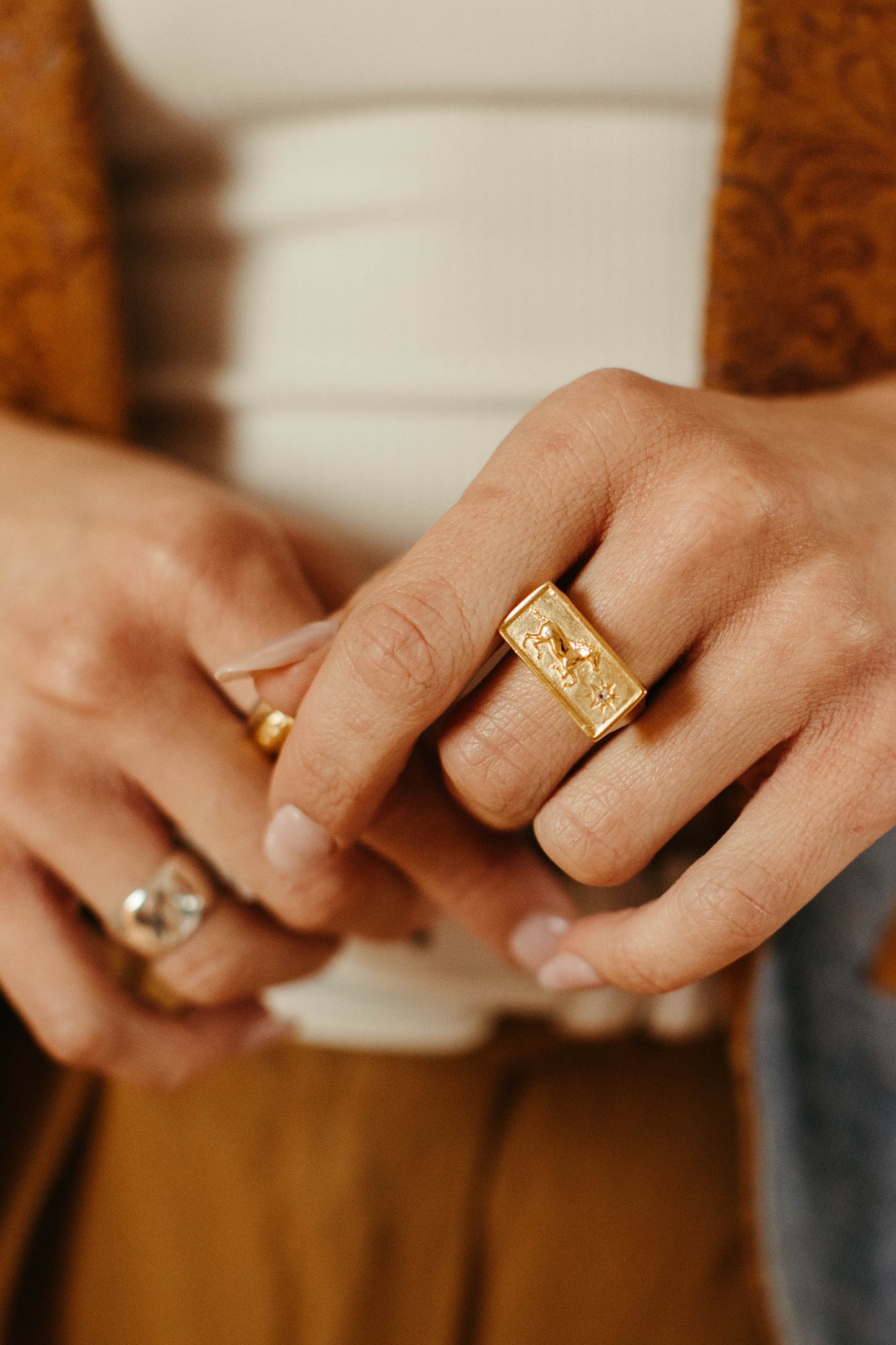 Close-up of hands with gold horse ring.