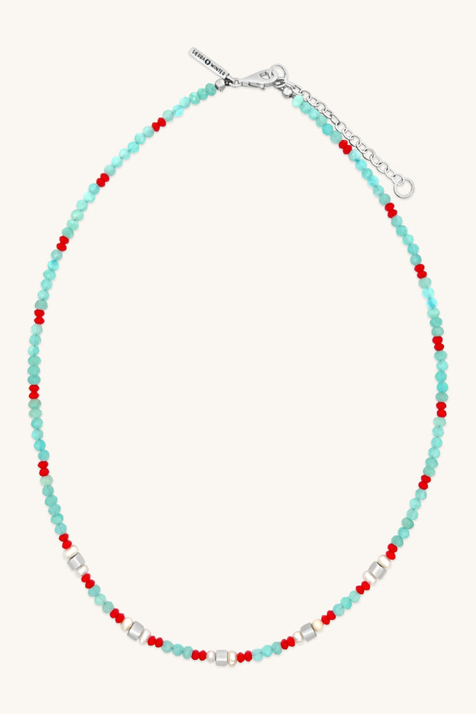 handmade teal and red beaded necklace with silver and pearl accents sierra winter