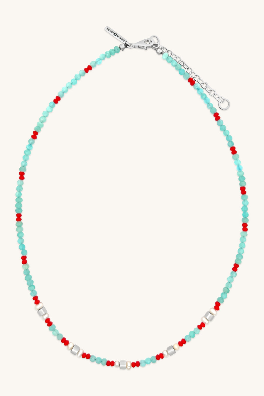 handmade teal and red beaded necklace with silver and pearl accents sierra winter