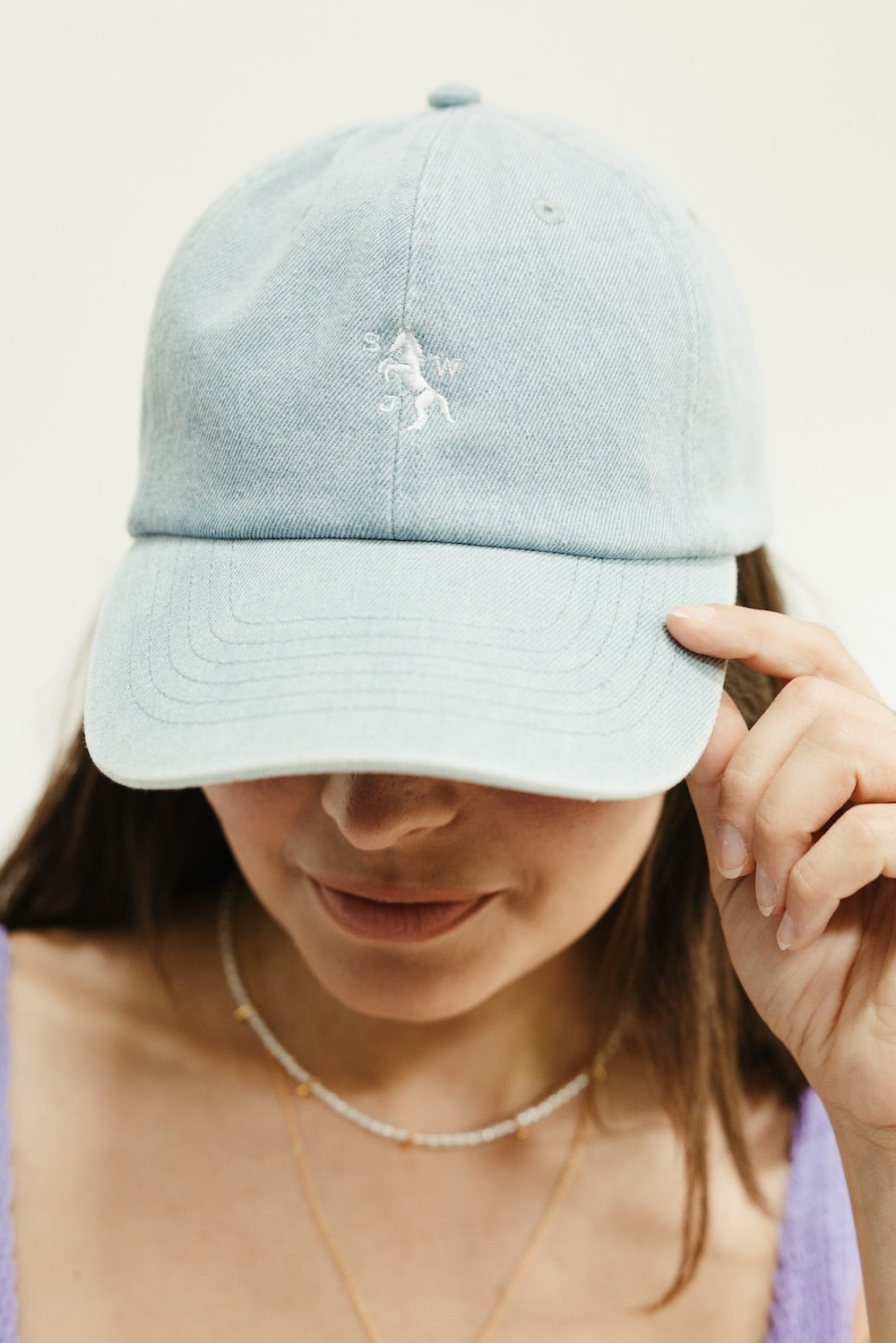 light blue denim swj horse logo dad hat