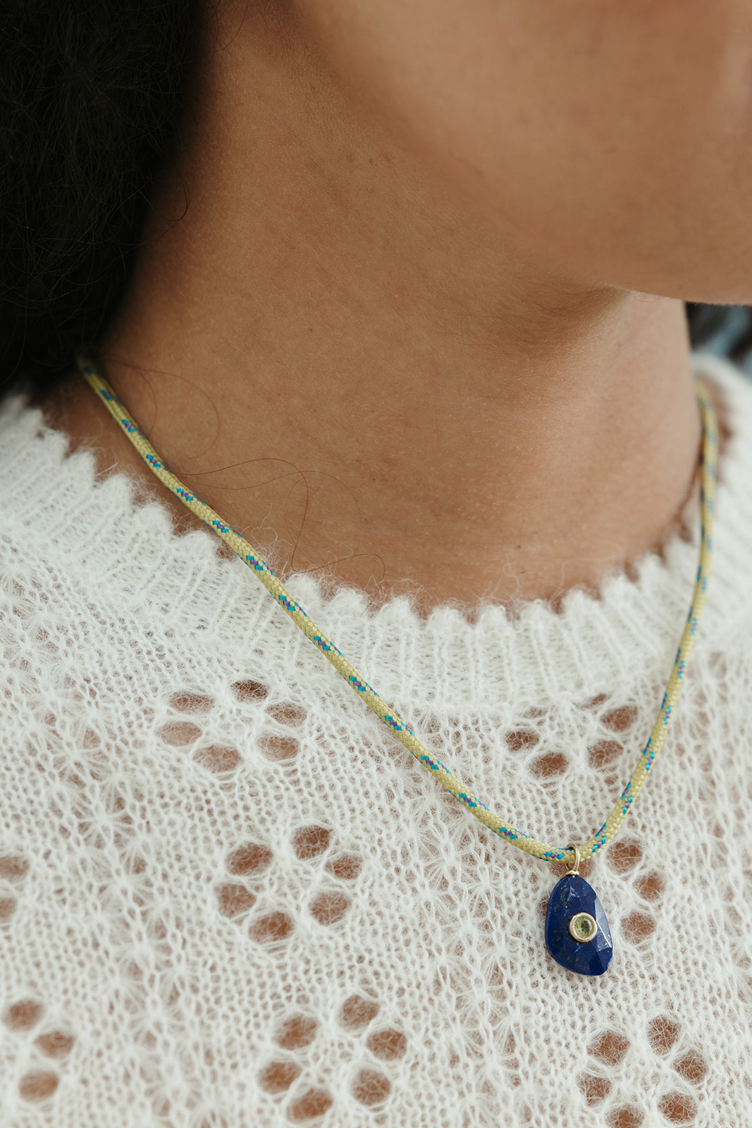 yellow green paracord necklace with lapis pendant