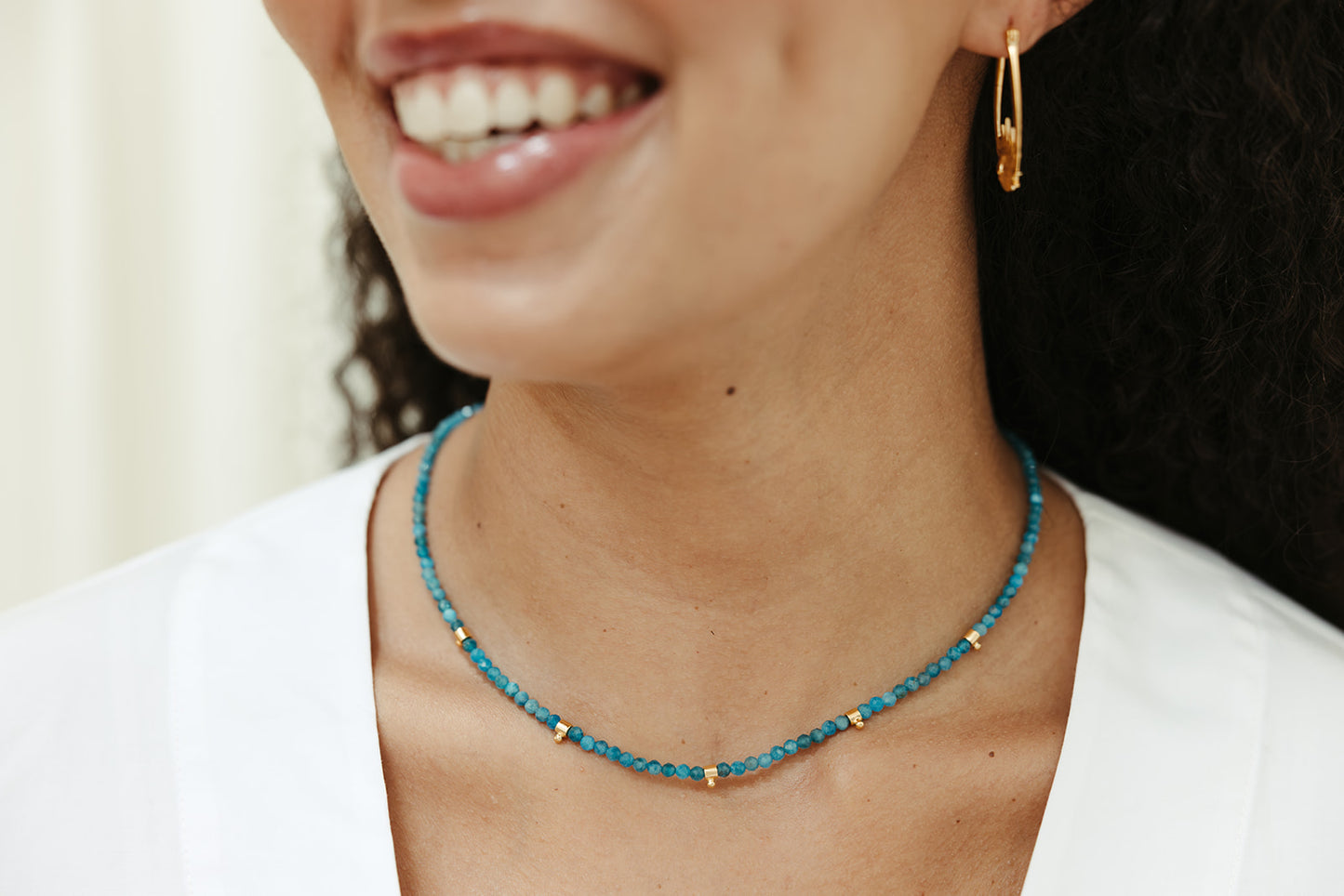 faceted apatite tiny beaded necklace with gold accents