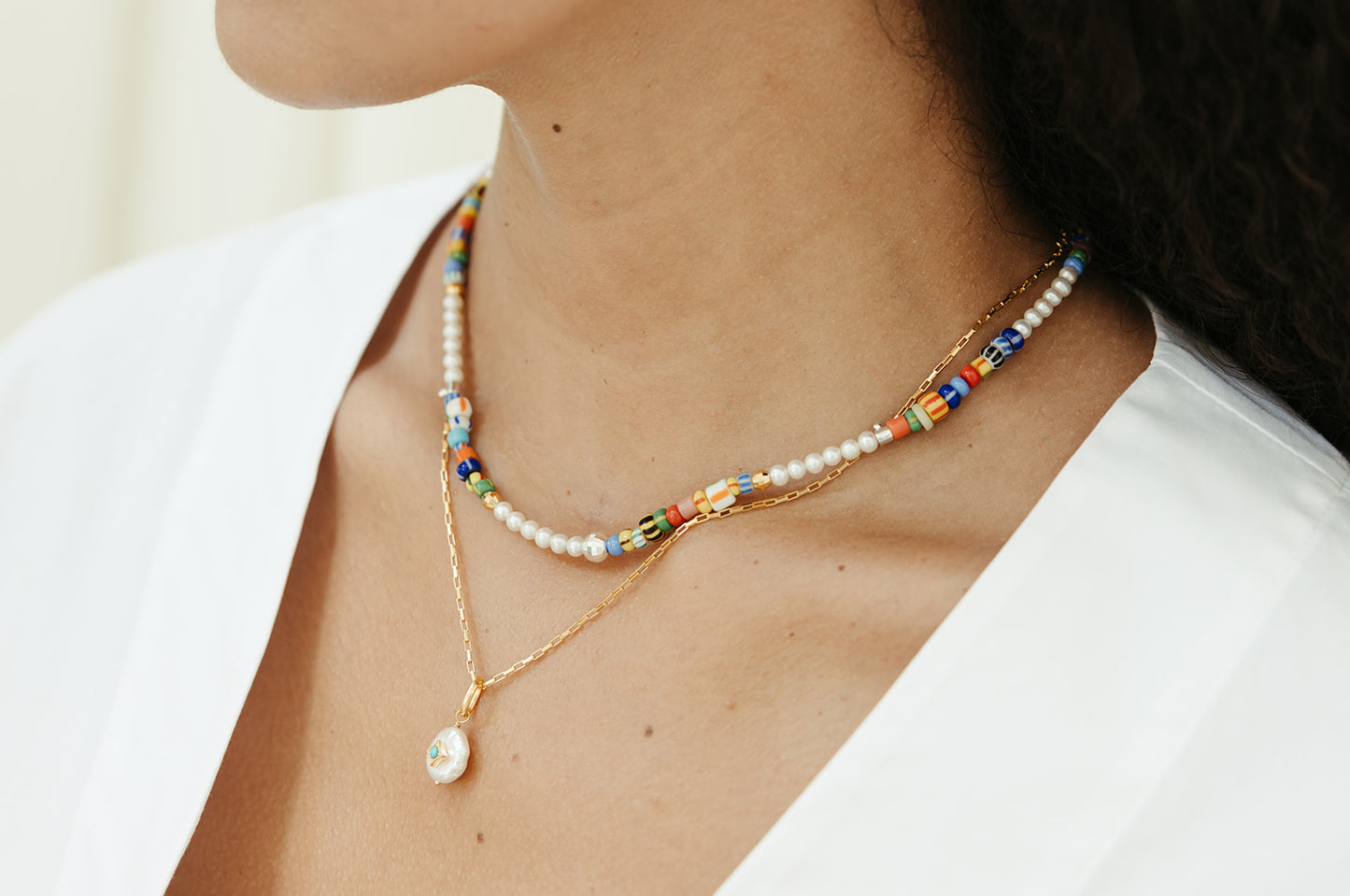 handmade beaded pearl and multicolor simone necklace sierra winter layered with daisy pearl pendant on chain