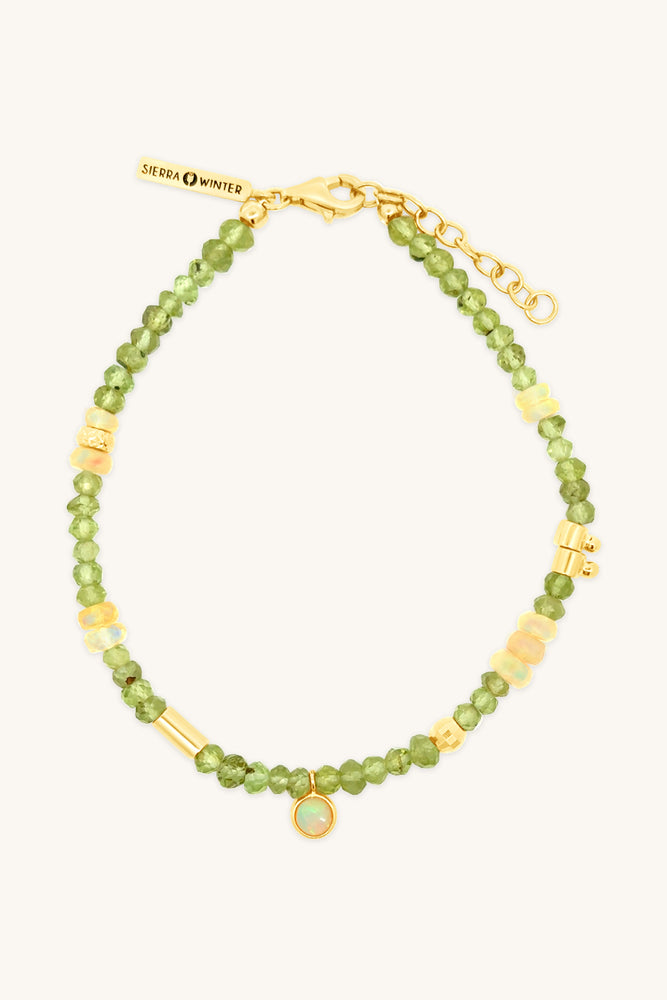 
                      
                        handmade beaded peridot, opal and gold vermeil bracelet
                      
                    