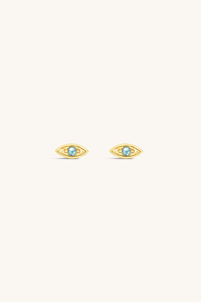 gold vermeil and swiss blue topaz evil eye birthstone stud earrings