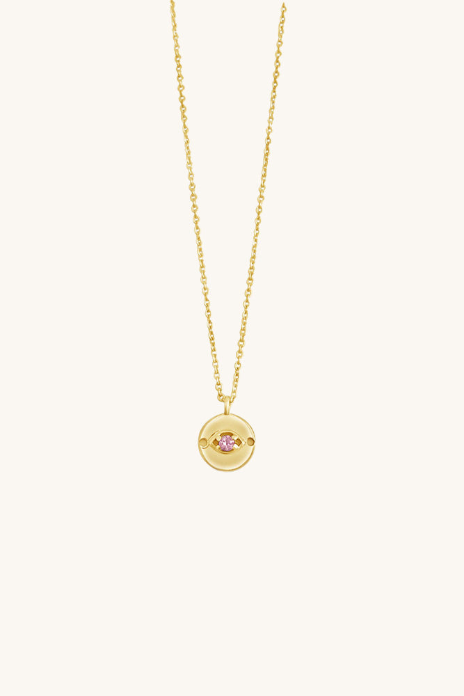 gold and pink sapphire dainty evil eye necklace