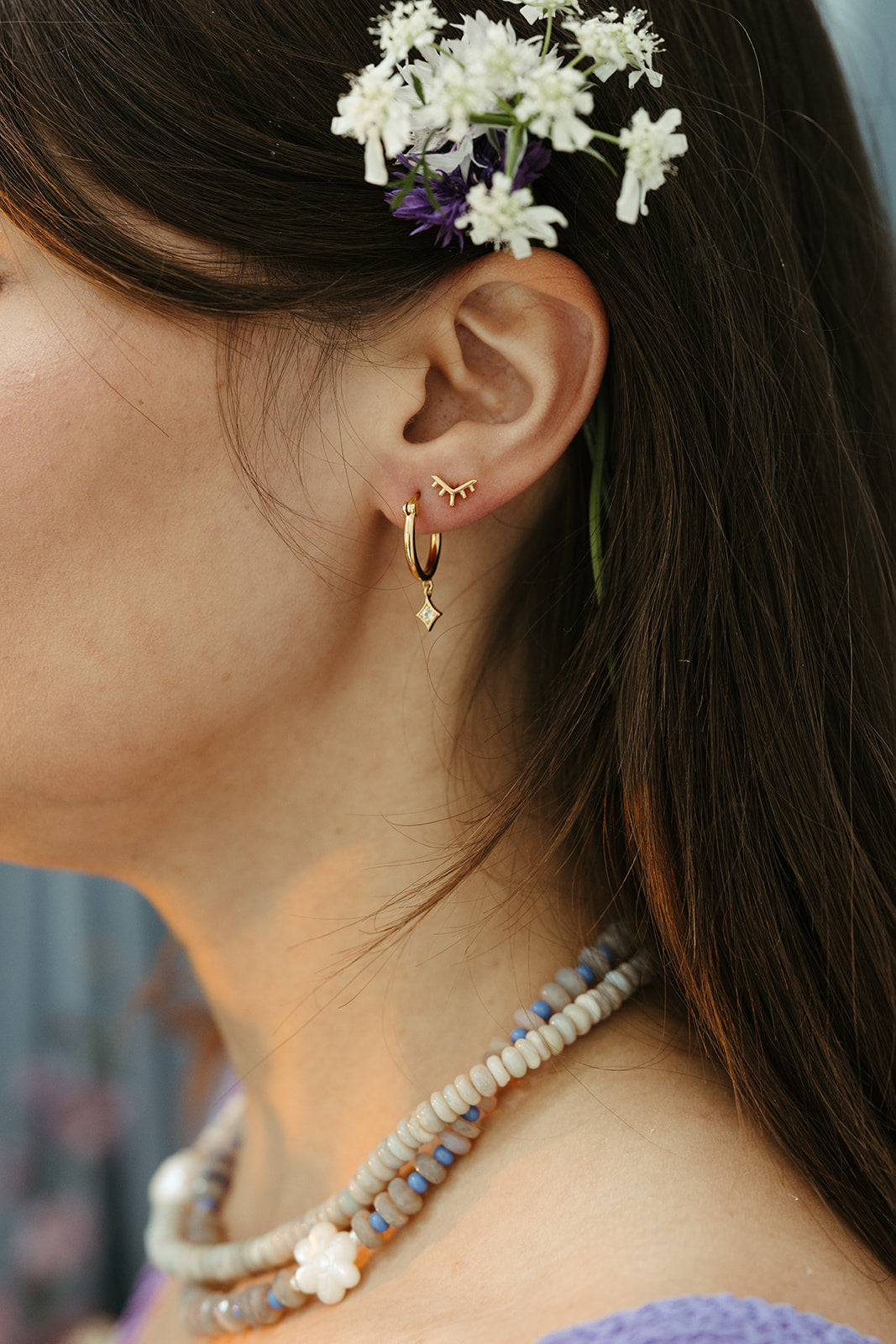 Gold sunrise stud earrings hoop white topaz sierra winter
