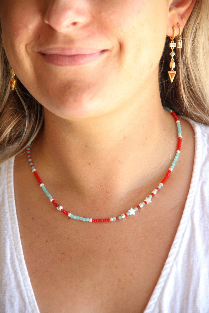 
                      
                        handmade teal and red beaded necklace with silver and pearl accents sierra winter
                      
                    