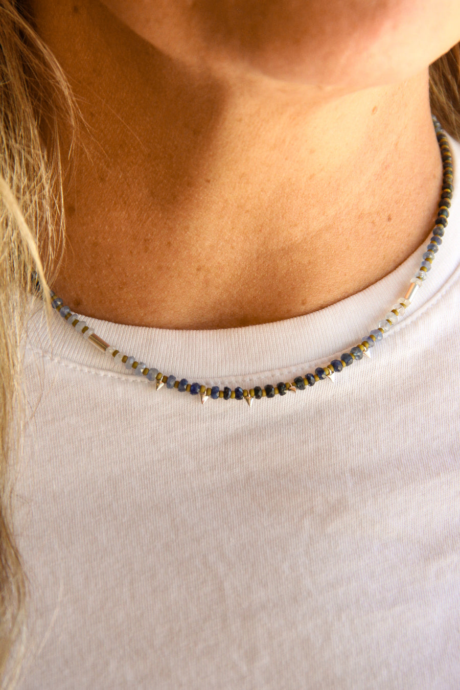 handmade beaded blue sapphire and sterling silver necklace