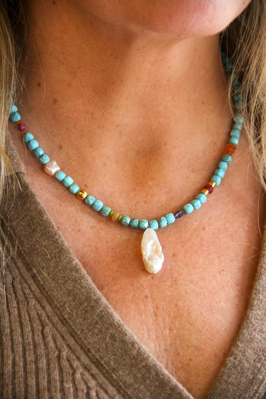 handmade beaded december turquoise necklace with baroque pearl sierra winter