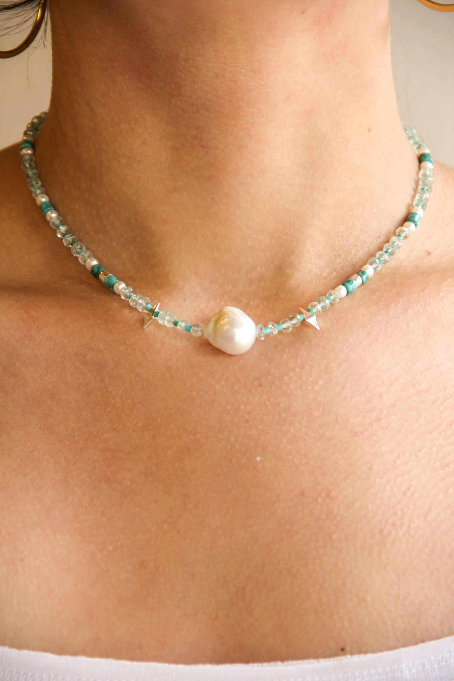 Handmade beaded necklace with blue aquamarine, turquoise, pearl