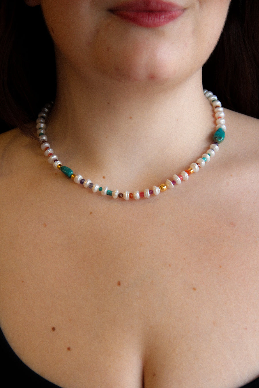 handmade funky fresh pearl turquoise beaded necklace