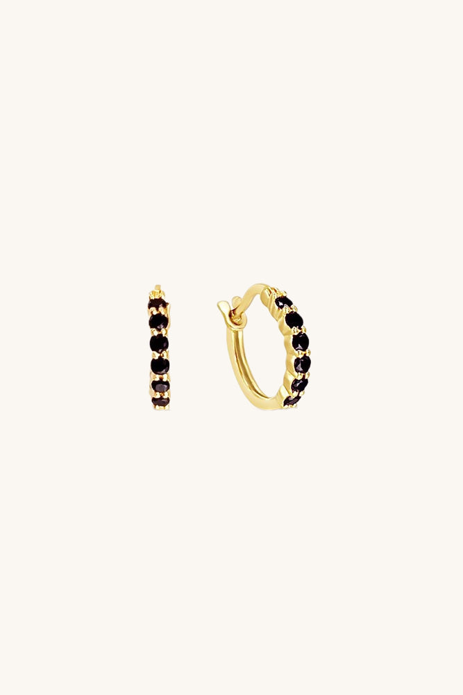 black spinel and gold vermeil karma huggie hoops