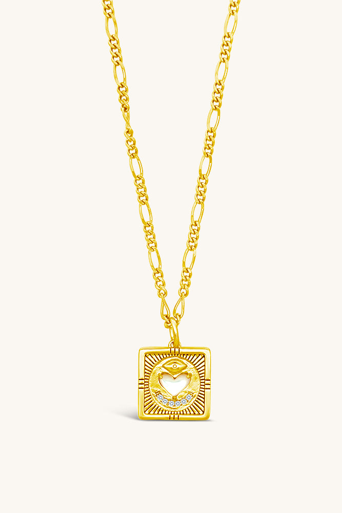 Gold square pendant necklace with a heart-shaped mother of pearl stone