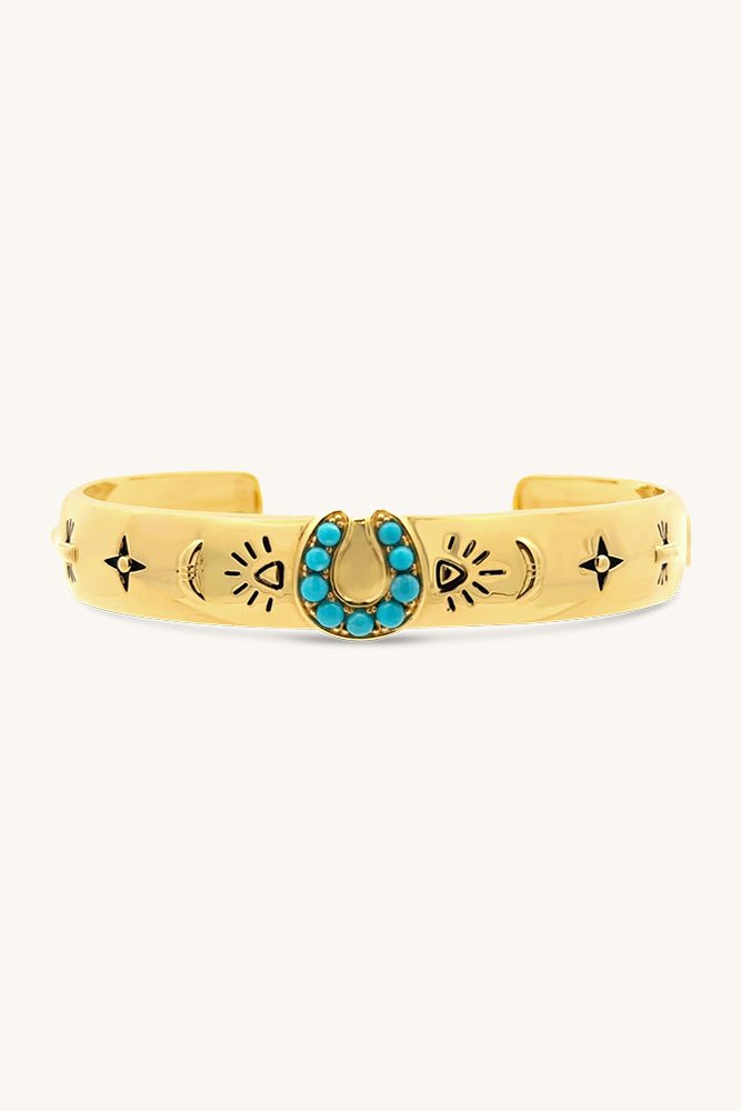 
                      
                        gold vermeil and turquoise horseshoe lucky stars western 
thick cuff bracelet
                      
                    