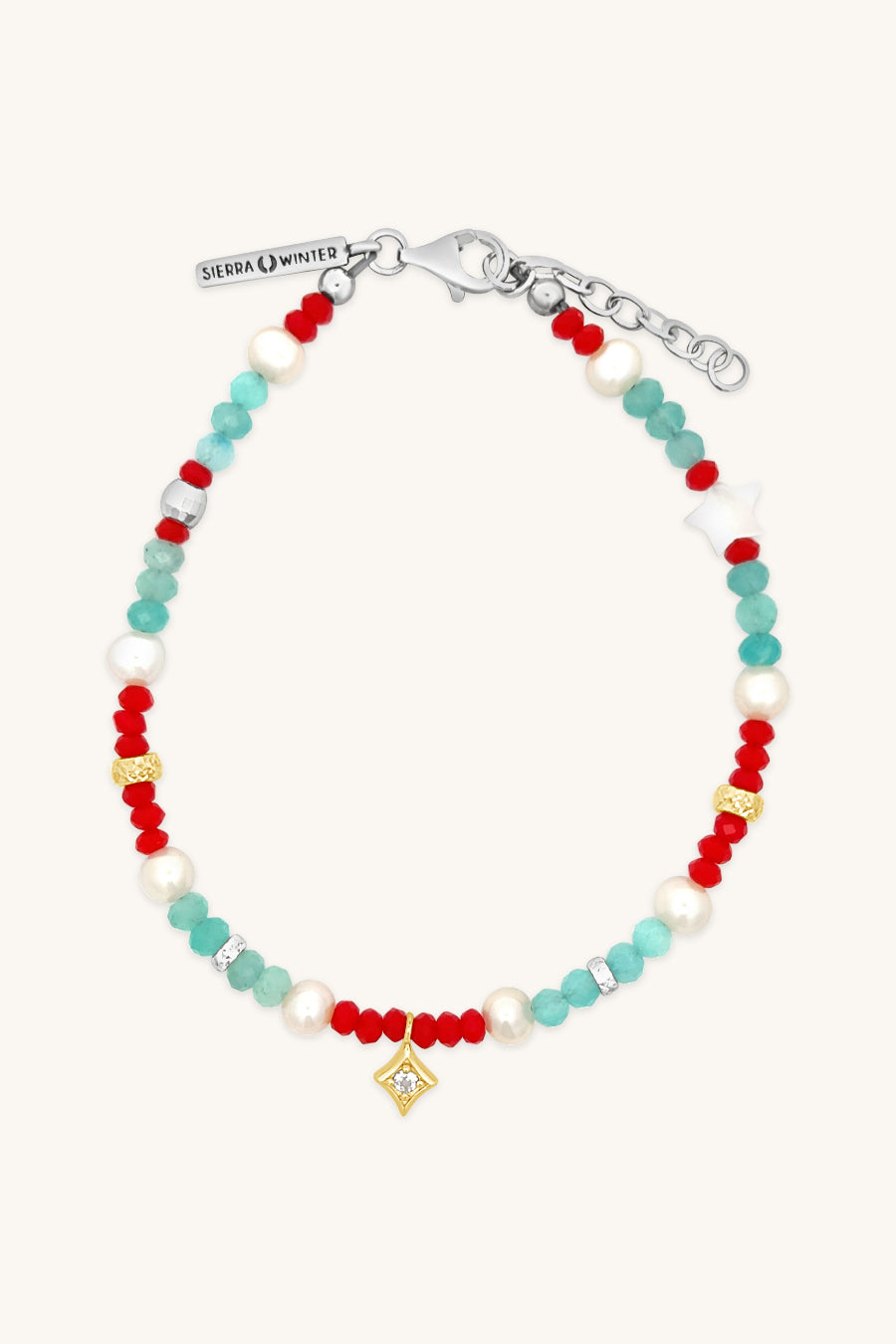 handmade beaded teal and red bracelet with gold and pearl accents