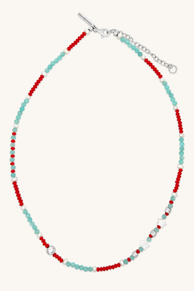 handmade teal and red beaded necklace with silver and pearl accents sierra winter