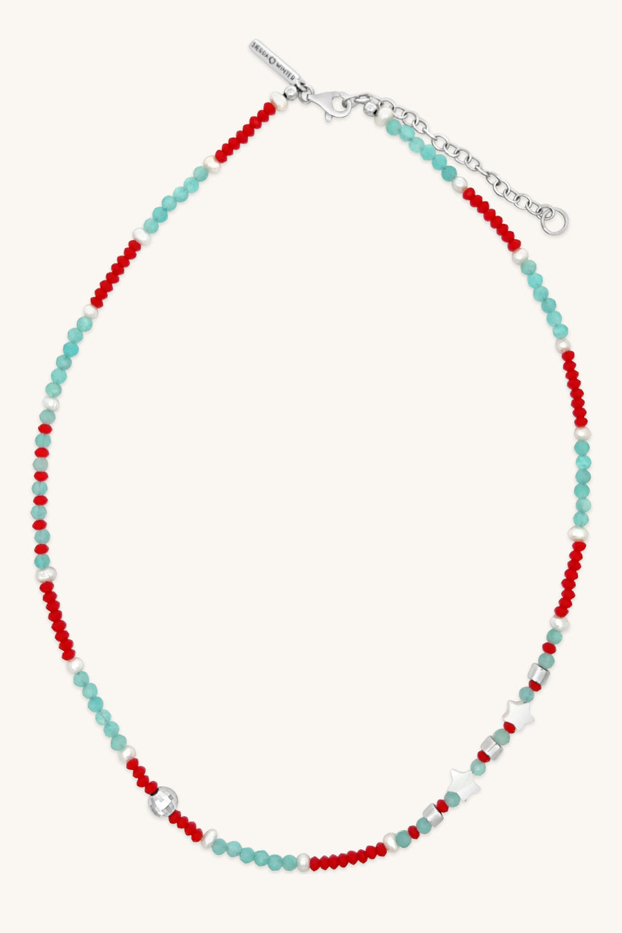 handmade teal and red beaded necklace with silver and pearl accents sierra winter
