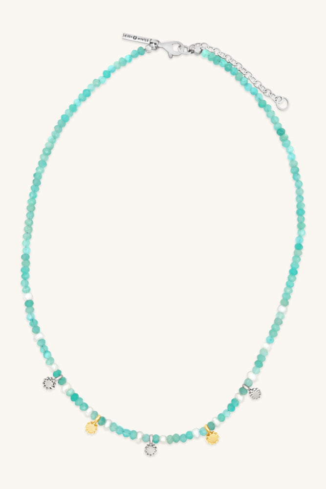 handmade teal beaded necklace with silver and gold and pearl accents sierra winter