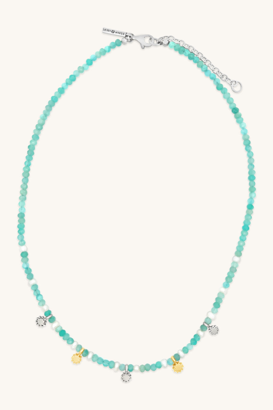 handmade teal beaded necklace with silver and gold and pearl accents sierra winter
