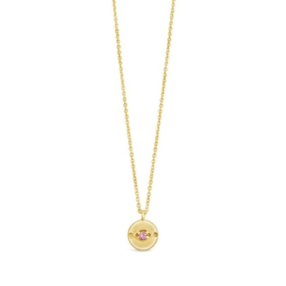 gold and pink sapphire dainty evil eye necklace