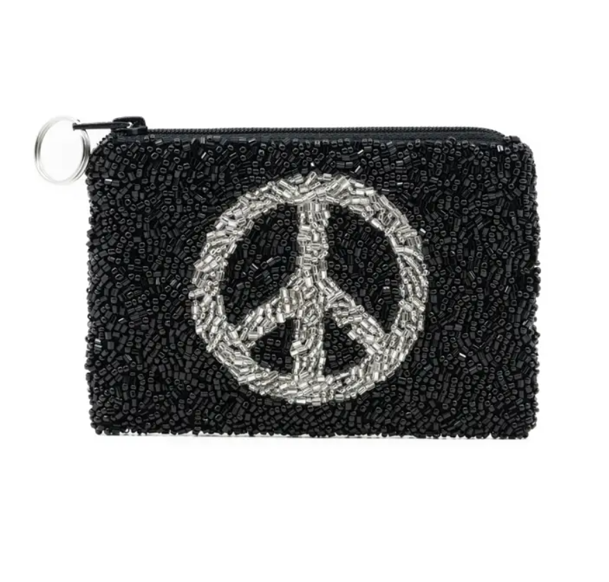 Black Peace Sign Beaded Coin Purse