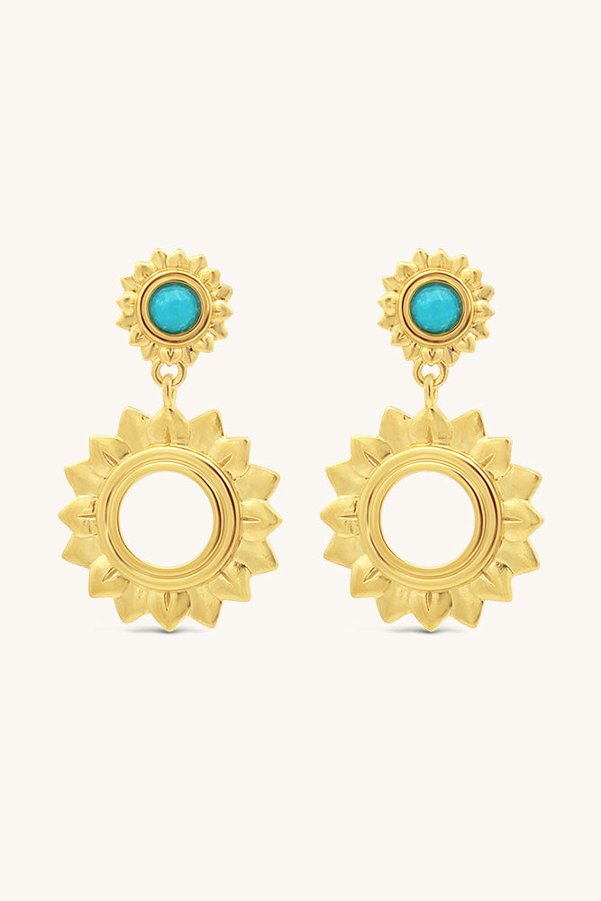 gold vermeil and turquoise sunflower inspired wildflower drop earrings