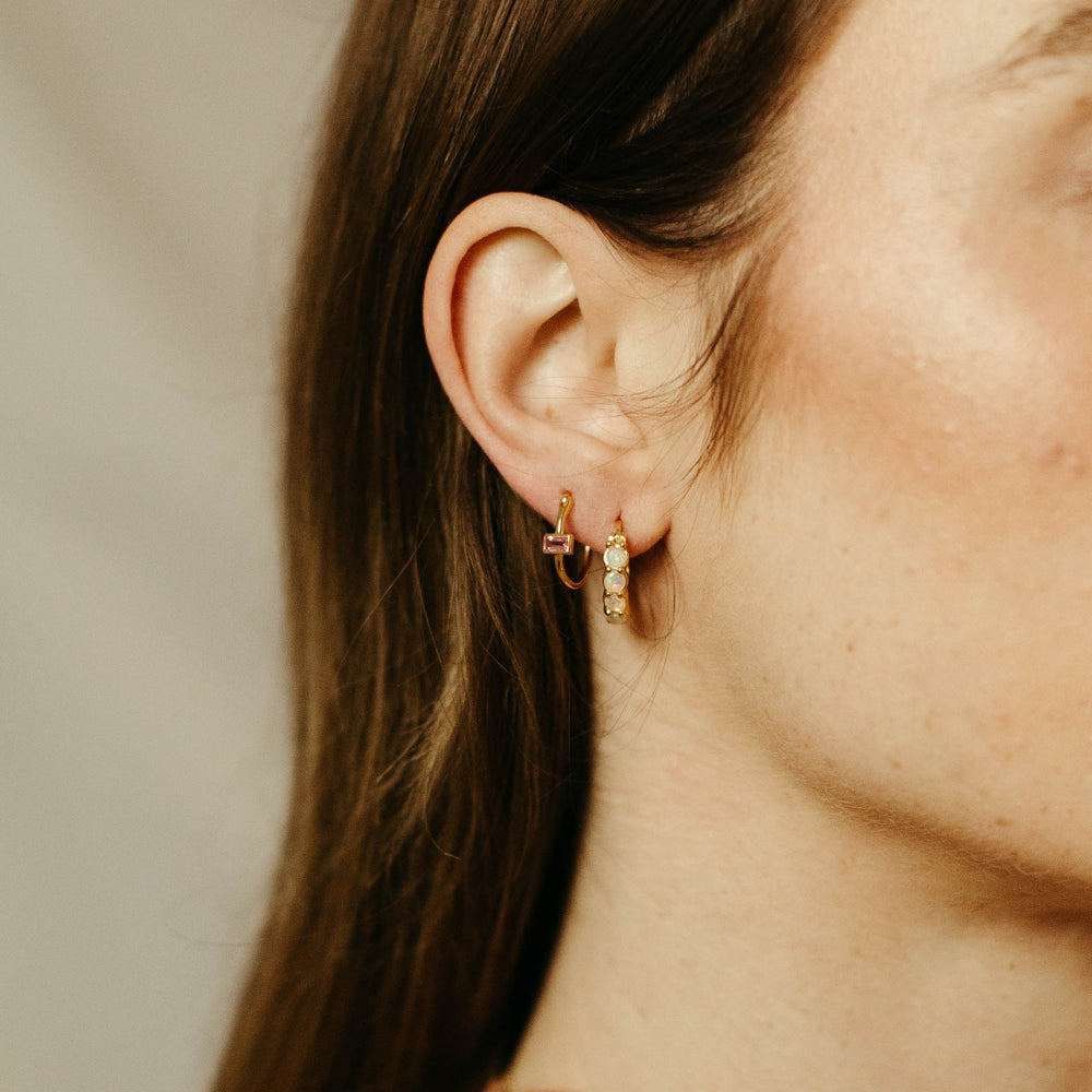 gold vermeil and pink sapphire huggie Happy Hour Hoop Earrings
